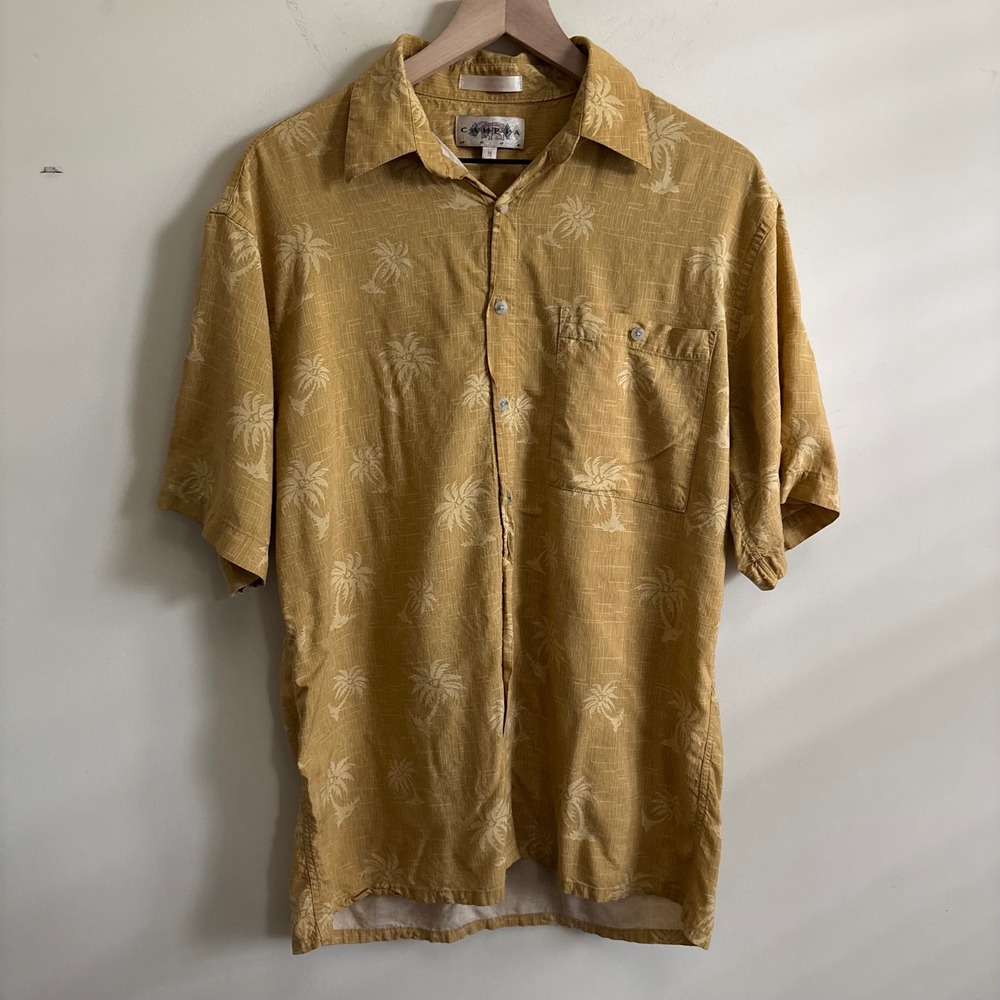Campia Moda Mens Mustard Yellow Palm Tree Tropical Rayon Button Down Shirt M